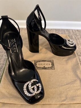 Gucci Black Patent Leather Crystal GG Platform Heels